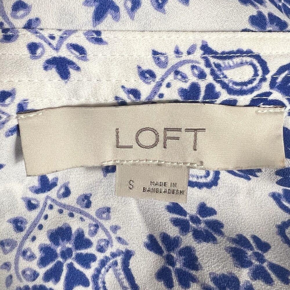 Loft Women’s Blouse Square Neck Small Blue White Floral Semi sheer - Picture 3 of 13